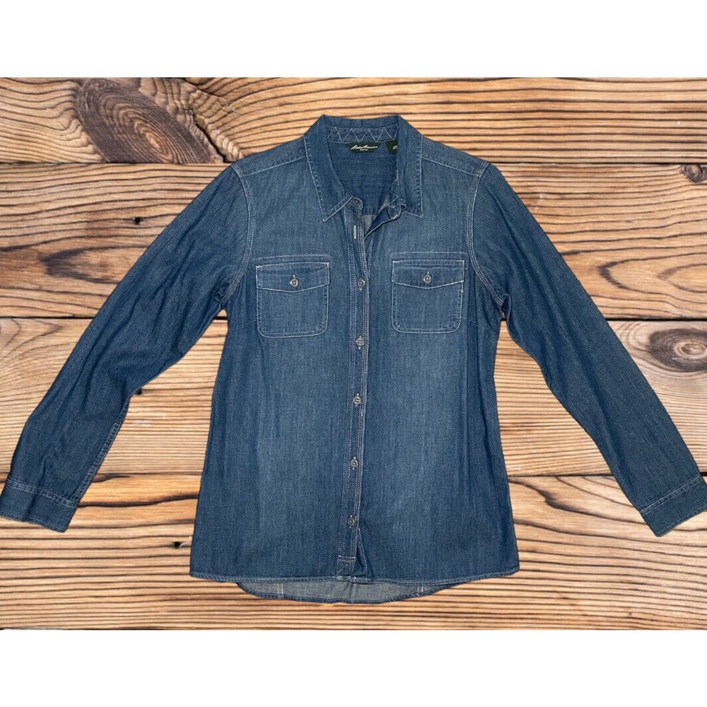 Eddie Bauer Shirt Womens Medium Blue Long Sleeve Button Up Pure Cotton
